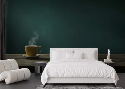 A yellow coffee cup sits on a wooden table Wall mural