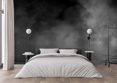 Panoramic view abstract smoke steam moves on black background texture . The concept of aromatherapy. Reflection on water. Stock illustration. Wall mural