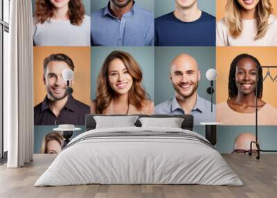 Photo collage portrait of multiracial smiling people with different ages looking at camera. Mosaic of happy modern faces.  Wall mural