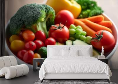 plant based diets a colorful assortment of fruits and vegetables including broccoli avocado tomatoes and peppers arranged in a white bowl Wall mural