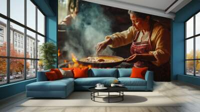 Portrait of a Latin American Woman Cooking Over an Open Fire for a Family Meal, Focusing on Tradition and Connection to Family Through Food Wall mural