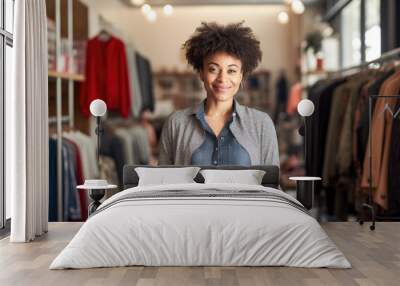 Portrait of black small business owner in her clothing store. Generative AI.  Wall mural