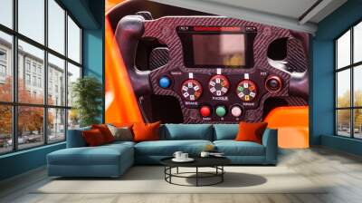 Racing car steering wheel.  Detailed view of an open-wheel single-seater formula racing car. Wall mural