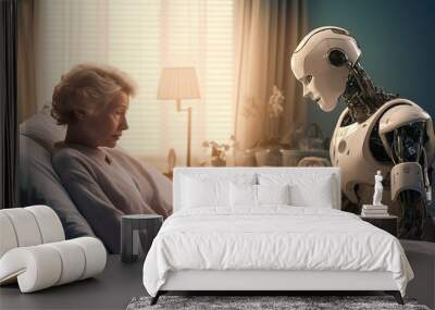 Resultado de traducción.Humanoid robot taking care of an elderly woman who is in bed. Scene from the near future Wall mural