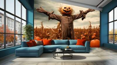 Scary scarecrow in a field full of pumpkins. Halloween concept Wall mural