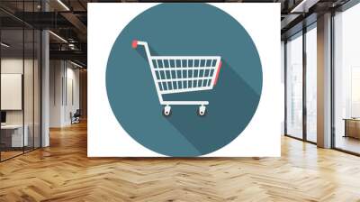 Shopping cart circle icon with long shadow. Flat design style. Shopping cart simple silhouette. Modern, minimalist, round icon in stylish colors. Web site page and mobile app design vector element. Wall mural