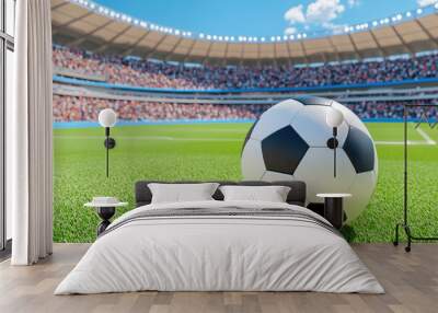 Soccer ball on green field in a packed stadium, symbolizing competition and excitement.  Wall mural