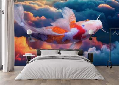 surreal painting of a koi fish swimming in a sea of colorful clouds Wall mural