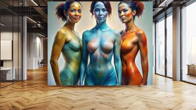 Three women are painted in the style of body painting. Wall mural