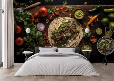 Traditional mexican beef tacos with guacamole and salsa generativa IA Wall mural