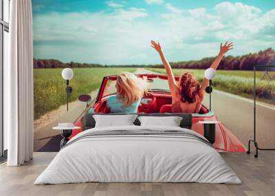 Two girls in a red car with their hands up driving through a valley in summer Wall mural