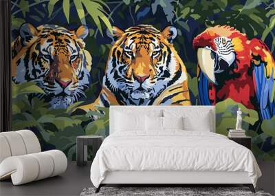 Two Majestic Tigers and a Colorful Macaw Peeking Through Lush Jungle Foliage, Wildlife Painting Wall mural