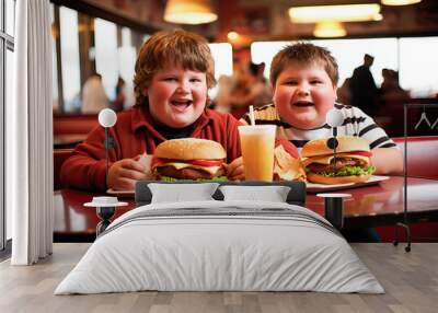 Two overweight children in a fast food restaurant eating hamburgers Wall mural