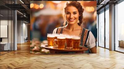 Waitress with a tray full of beers at Oktoberfest Wall mural