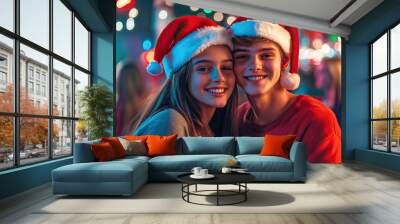 Young couple dancing in a disco on Christmas day Wall mural