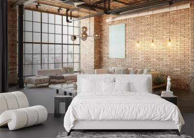 A modern loft living room with a couch, a coffee table Wall mural