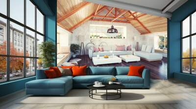 beautiful modern attic interior. 3d design concept. Wall mural