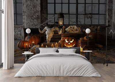 Spooky Halloween scene with skulls, pumpkins, Wall mural