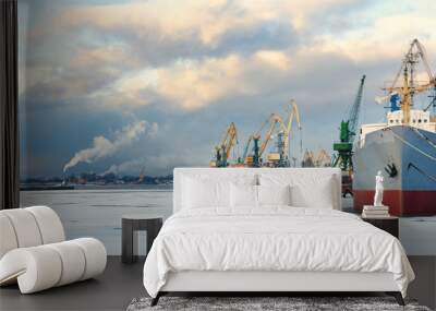 Ship and cranes in the port of winter Wall mural