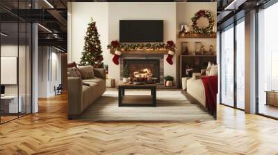 A beautifully arranged modern living room showcases Christmas decorations with two trees, stockings hung by the fireplace, and a warm, inviting atmosphere Wall mural