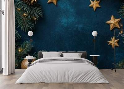 A christmas background with a dark blue background and decorations for the holidays Wall mural