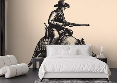 A cowboy with a gun riding an armadillo. Abstract engraving vector illustration. isolated object, print Wall mural