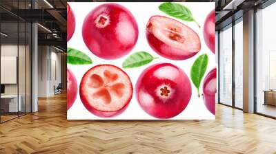 A set of ripe cranberries: four whole and three cut. Cranberry leaf. PNG with transparent background. Wall mural