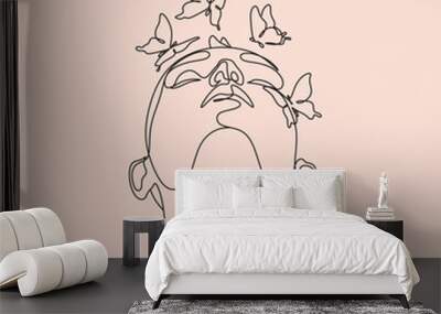 Abstract face with butterfly by one line drawing. Butterfly Line Art. Portrait minimalistic style.  Botanical print. Nature symbol of cosmetics. 
Fashion print. Beaty salon art Wall mural