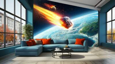 An asteroid with a flame passes through the Earth's atmosphere. Space fireball and apocalypse. Digital Art Illustration Painting Hyper Realistic. Wall mural