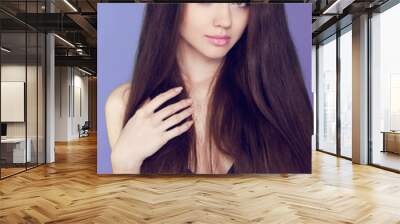 beautiful woman with long brown hair. closeup portrait of fashio Wall mural