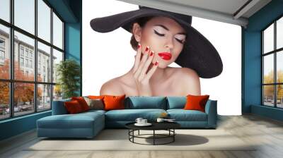 Beauty portrait of beautiful fashion woman with black hat, profe Wall mural