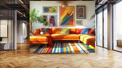 Art Home. Modern colorful living room Interior with sofa and paintings and posters Wall mural