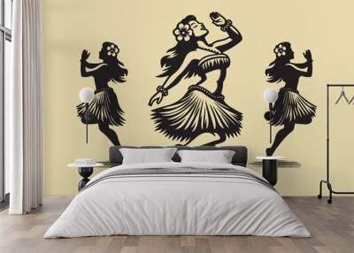 Beautiful Hawaiian young woman dancing. Vintage black engraving vector illustration, isolated object Wall mural