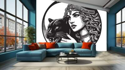 Beautiful young woman queen with a black panther. Round black engraving illustration, emblem, label. T-shirt print Wall mural