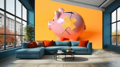 broken piggy bank with band aid bandage or plaster on yellow background. Unforeseen expenses, financial hardship, loss, financial difficulty, retrieve the saved funds concept Wall mural