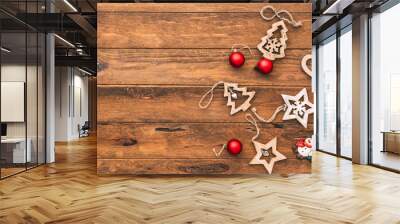 Christmas Rustic Decorations Over Wooden Background. Flat Lay. Copy Space Wall mural