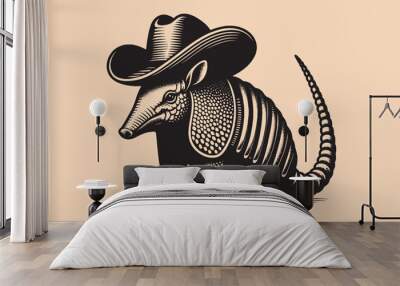 Cute armadillo in a cowboy hat. Beautiful vintage engraving vector illustration. Black outline	 Wall mural