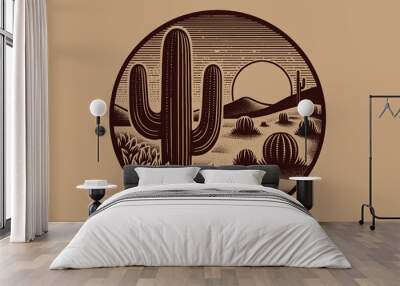 Desert. Cacti and sunset. Round emblem. Vintage engraving illustration, print, logo Wall mural