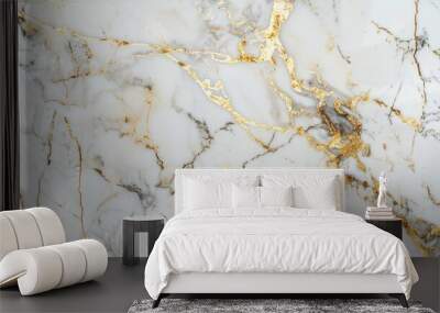 Detailed view of elegant white marble surface adorned with luxurious gold accents Wall mural