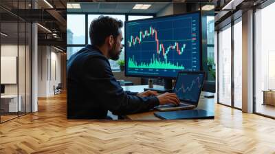 Economist analyzing financial graphs on laptop and large screen in modern office, focused and analytical Wall mural