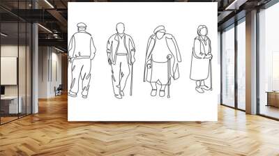 Elderly overweight man and woman with stick. Continuous one line drawing. Vector illustration. Continuous one line drawing of full length profile of a drandmother or grandfather. Grandparents line art Wall mural