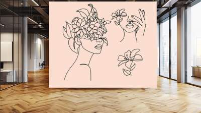 Flower face woman line drawing. Modern continuous line art. Women line art. Beauty salon logo. Coloring book. Botanical print. Nature symbol of cosmetics. Fashion logo. Wall mural