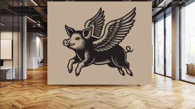 Flying pig with wings. Vintage retro engraving illustration. Black icon, isolated element. Art vector illustration Wall mural