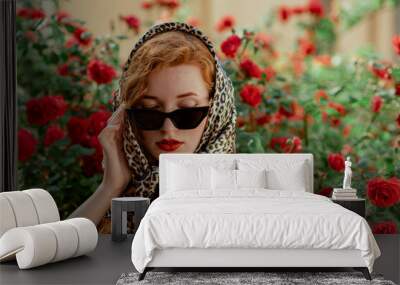 Beautiful fashionable redhead freckled woman wearing trendy black cat eye sunglasses, leopard print headscarf, posing in red rose garden. Copy, empty space for text Wall mural