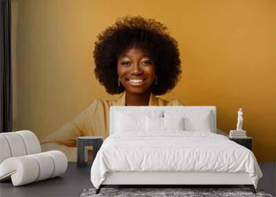 Yong beautiful happy smiling African American woman, model wearing elegant jewelry, yellow blazer, posing in studio, on yellow background. Copy, empty space for text
 Wall mural