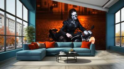 Young woman with Halloween makeup sitting on the motorbike . Street portrait.  Wall mural