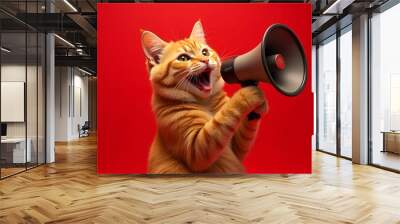 Ginger cat screaming into loudspeaker on red background Wall mural