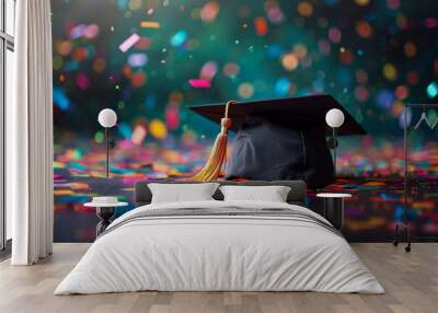 graduation cap and colorful confetti around. concept of study achievement and education. Wall mural