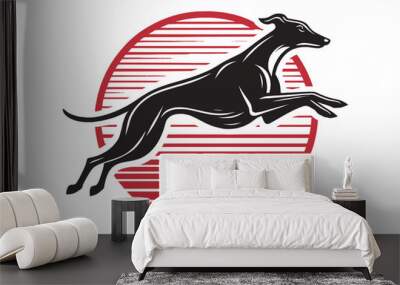 Greyhound dog and sun. Run and jump. Simple vector illustration.  black, white, red.  modern icon, logo, emblem Wall mural