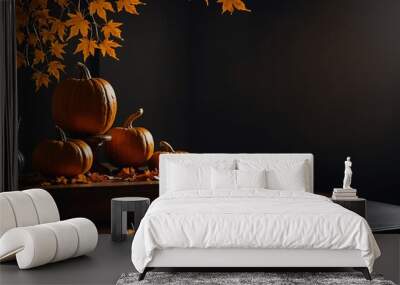 Halloween background with podium for display product, maple leaves, orange pumpkins on dark table. Wall mural